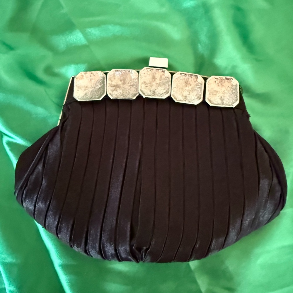 Jessica McClintock Black Pleated Clutch with Silver Accents